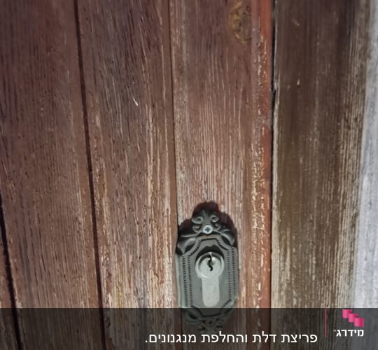 צילינדר מנעול המותקן בדלת עץ עם רוזטה מעוצבת